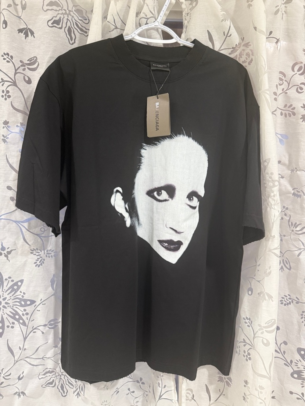 Balenciaga Black Short- Tee with White Face Graphic larger oversized like XL